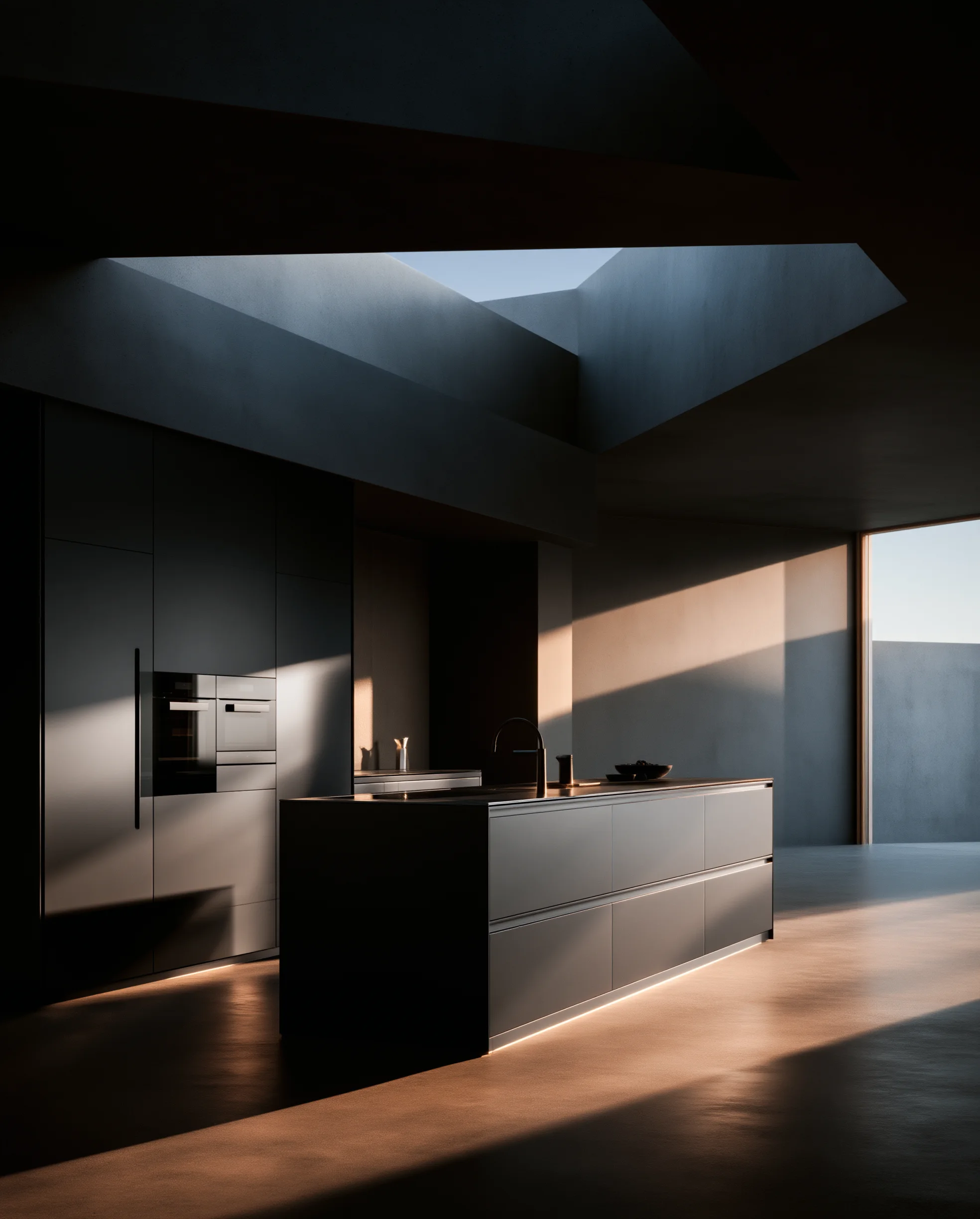 Cocina oscura bajo luz cenital