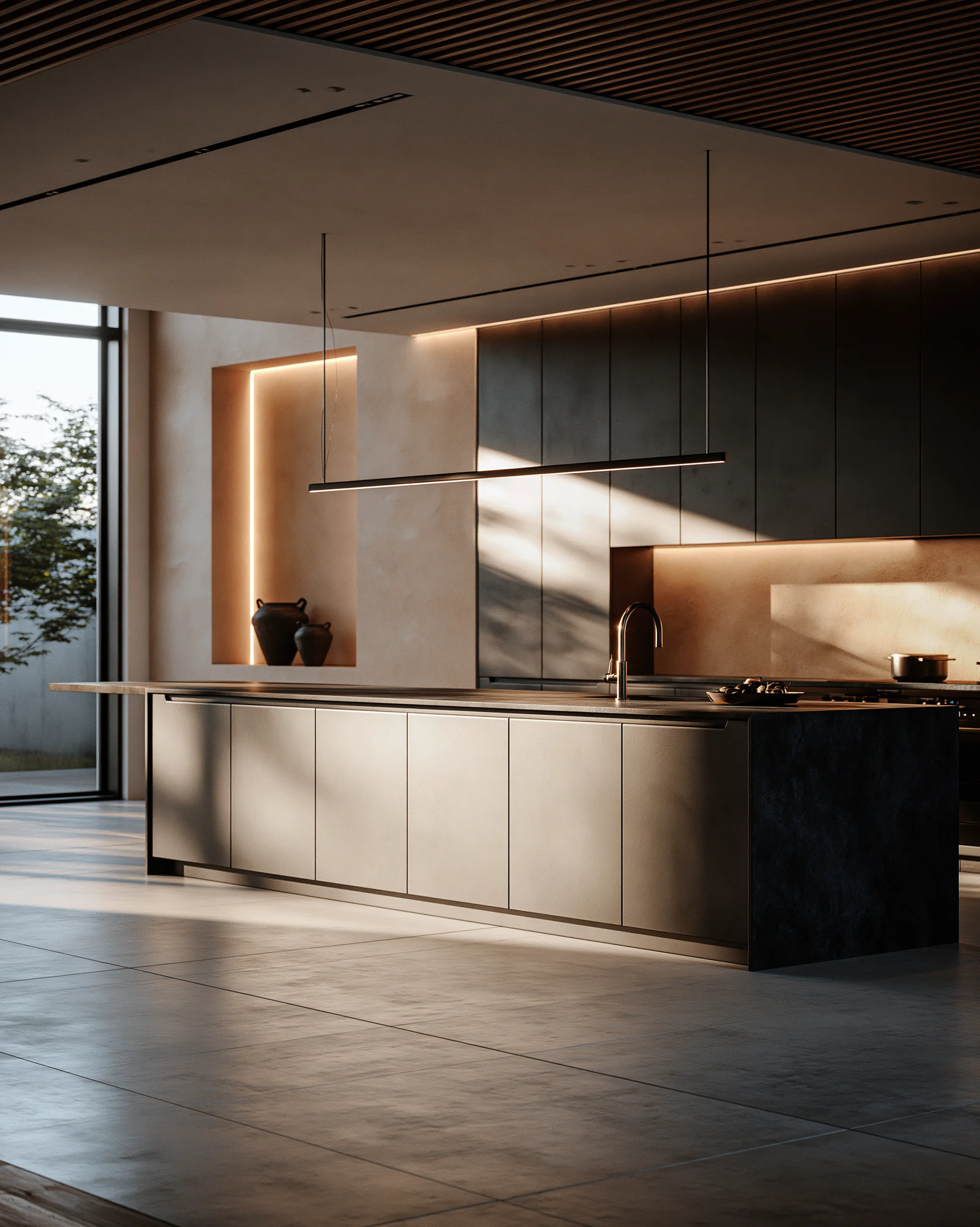 Cocina gris en luz fría